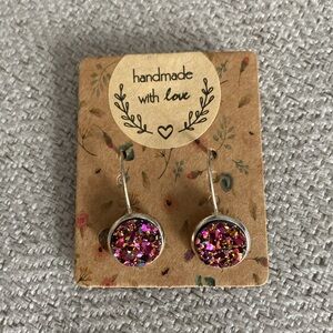 Handmade Pink Druzy Earrings: Sterling Silver Lever Back Dangle
